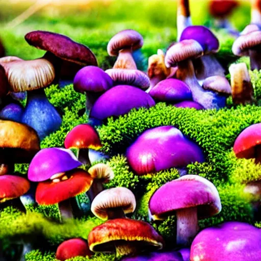 Image similar to field of colorful mushrooms, realistic, pretty