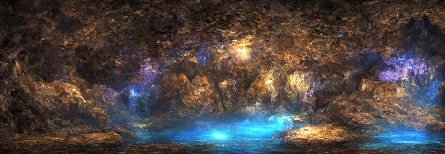 Image similar to Deep dark cave with magical crystals, hyperrealism, no blur, 4k resolution, ultra detailed-i