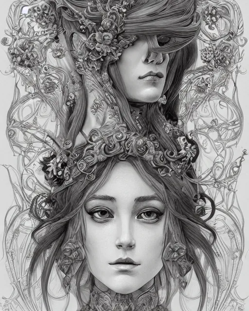 Image similar to portrait of a woman, baroque style, elegant, beautiful, mesmerizing, concept art, intricate linework, detailed and intricate environment, highly detailed, artstation, behance, deviantart, inspired by monstress, sana takeda