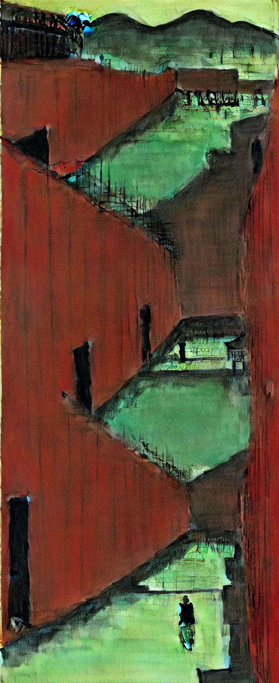 Image similar to a chinese prison near a river by peter doig, muted colors