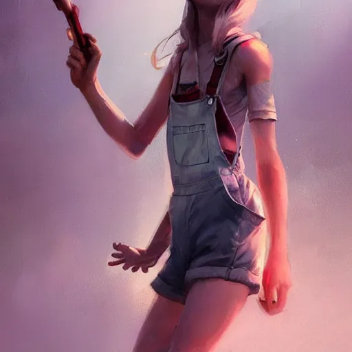 Image similar to Female, soft eyes and narrow chin, dainty figure, single strap paint covered overalls, short shorts, combat boots, raining, basic white background, style of by Jordan Grimmer and greg rutkowski, crisp lines and color,