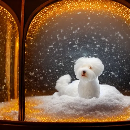 Prompt: a photorealistic photograph of a white bichon inside of a snow globe. illuminated scene. depth of field. fine detail. this 4 k hd image is trending on artstation, featured on behance, well - rendered, extra crisp, features intricate detail, epic composition and the style of unreal engine.