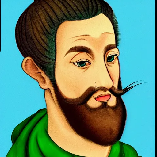 Image similar to portrait painting of surprising Michelangelo di Lodovico with topknot in the style of japanese cartoon with green background for editing