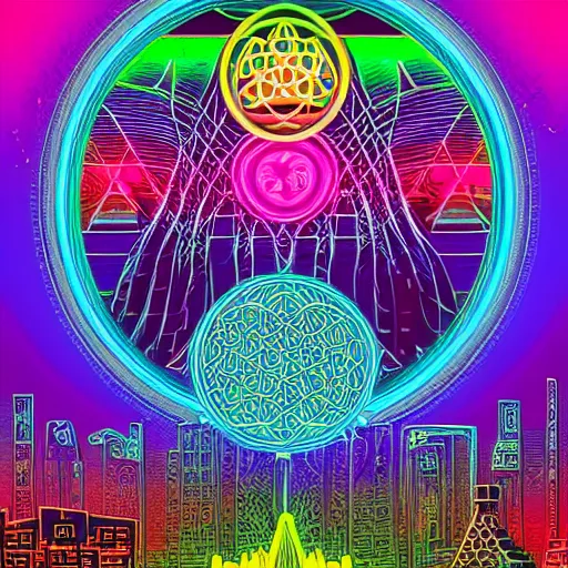 Prompt: mystical psychedelic poster with shaded lighting in the style of andriod jones, radiant light, detailed and complex environment, beautiful, utopic astral city in the sky with many buildings and temples reflecting a modern city on the ground with old growth pine trees, overlaid sacred geometry, flower of life, with implied lines, gradient of hot pink and neon baby blue