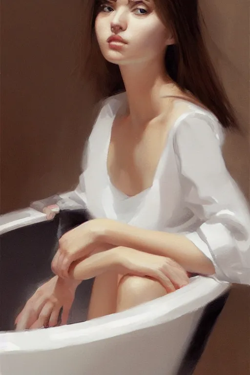 Image similar to a ultradetailed beautiful portrait panting of a stylish woman sitting in a bath, she is wearing a white shirt with a tie, oil painting, by ilya kuvshinov, greg rutkowski and makoto shinkai