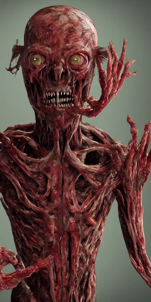 Prompt: smiling photorealistic ultra detailed humanoid creature made of decomposed bloody flesh and bones looking through the window, night, the woods, extremly detailed, 8 k, realistic, sharp focus, cosmic horror creature, cosmic horror, from the movie the thing, mysterious creature, bloody eyes, big eyes