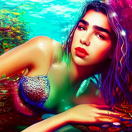 Image similar to Dua Lipa as a mermaid, underwater, colorfull, high detail, cinematic, digital art