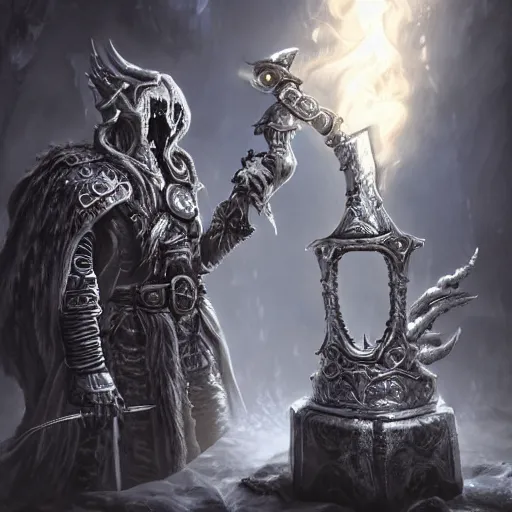 Image similar to The Lich King smoking weed from a Frostmourne Bong, by artgerm and wlop and scott fischer and seb mckinnon, digital art, highly detailed, wide shot, intricate, fantasy, mystical, sharp focus, Trending on Artstation HQ, deviantart, unreal engine 5, 4K UHD image