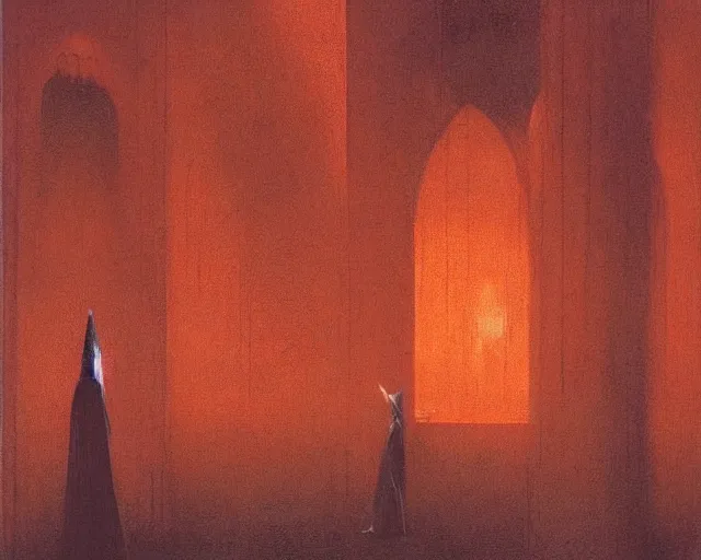 Image similar to by francis bacon, beksinski, mystical redscale photography evocative. devotion to the scarlet woman in her cathedral, priestess in a conical hat, coronation, ritual, sacrament