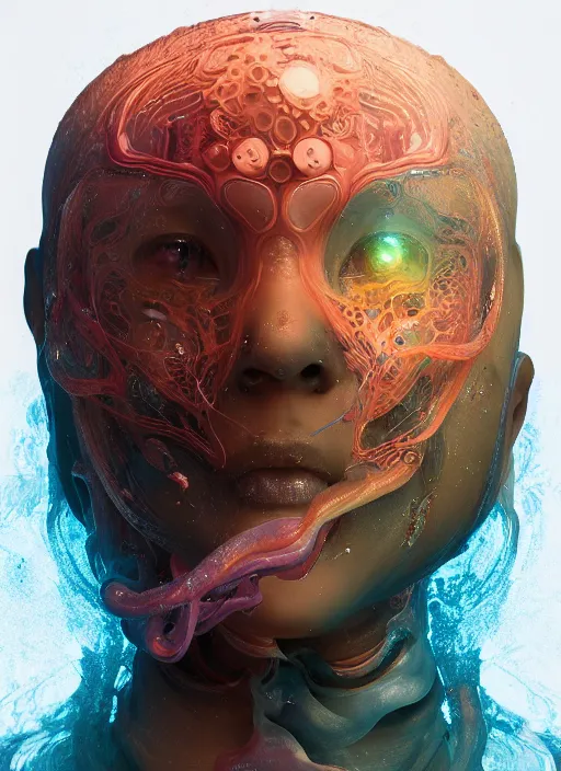 Image similar to subsurface scattering, organic cyborg made of soft wax, cgsociety, translucent, organic squid and ceramic art nouveau swirls, golden orbs, colored smoke, in the style of alberto seveso and ruan jia and beeple and giger, mystical colors, back light, rim light, dramatic lighting, 8 k, stunning scene, raytracing, octane render