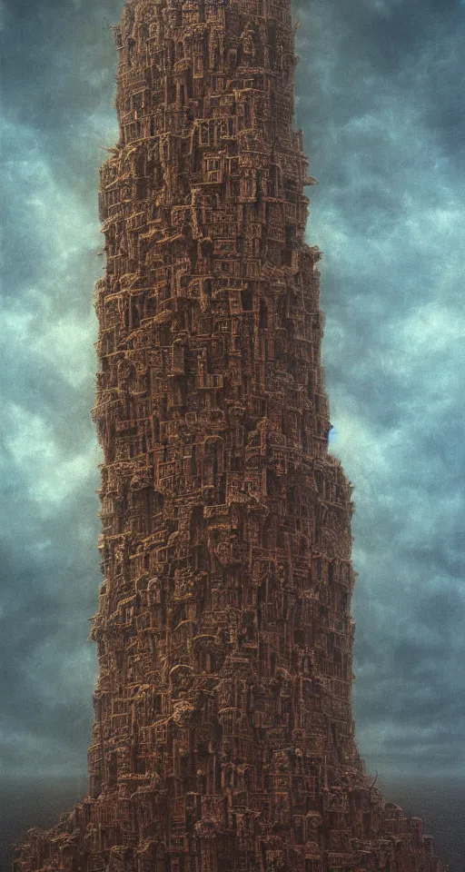 Prompt: babylon tower made of human bodies surrounded by clouds, photoreal, 8 k, hd, professional illustration, by beksinski and dore