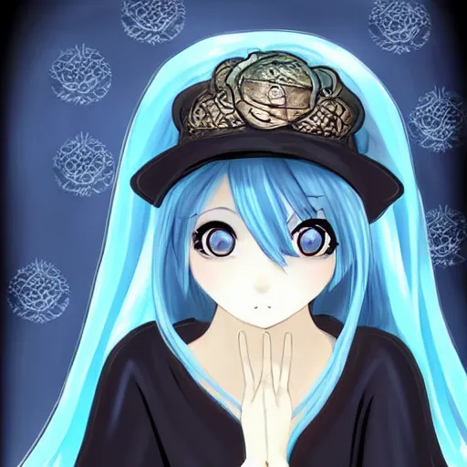 Image similar to beautiful female wizard, blue eyes, black clothing, daughter of death, cute, japanese style anime, intricate