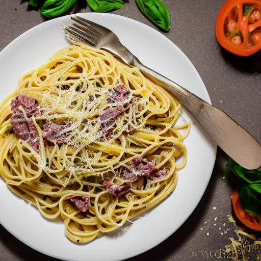 Image similar to pasta carbonara, canon eos r 3, f / 1. 4, iso 2 0 0, 1 / 1 6 0 s, 8 k, raw, unedited, symmetrical balance, in - frame