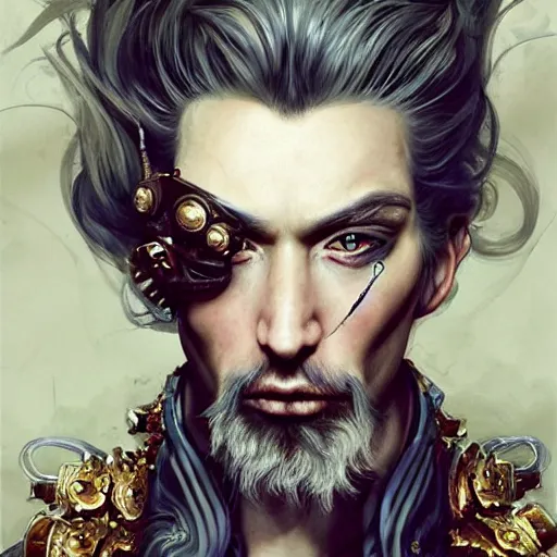 Image similar to portrait, headshot, insanely nice hair style, dramatic hair color, digital painting, of a old 17th century, old cyborg merchant, amber jewels, baroque, ornate clothing, scifi, realistic, hyperdetailed, chiaroscuro, concept art, art by Franz Hals and Jon Foster and Ayami Kojima and Amano and Karol Bak,