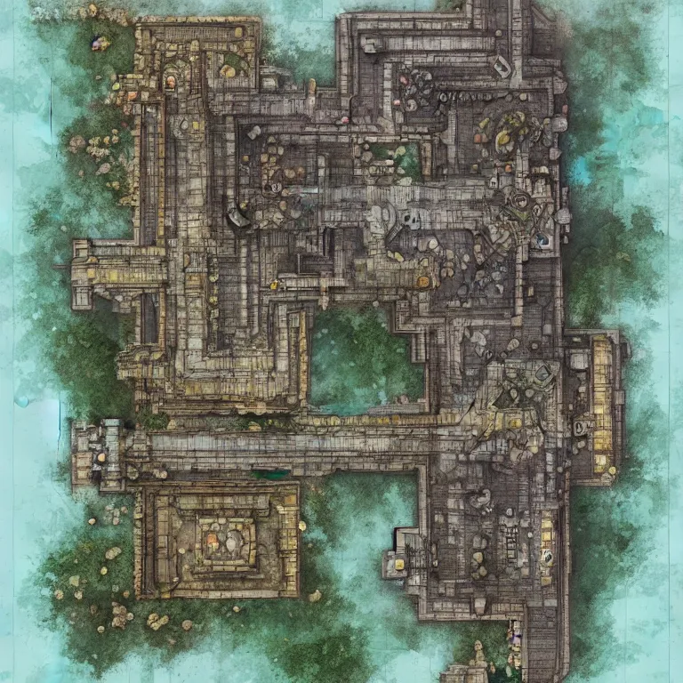 Image similar to full - color fantasy floor plan map of a dungeon, by greg rutkowski and james gurney, trending on artstation