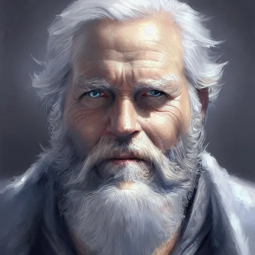 Prompt: Old man, vivid blue eyes, bushy white beard, digital painting, lots of details, gaze, extremely detailed, 4k, intricate, brush strokes, Mark Arian, Artgerm, Bastien Lecouffe-Deharme