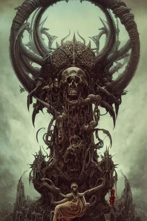 Image similar to gigantic demonic skull lord of death, fantasy painting, ultra realistic, wide angle, art nouveau, intricate details, rainbowshift, vivid colors, highly detailed by peter mohrbacher, h. r. giger, maxfield parrish, gaston bussiere, gustave dore, beksinski, craig mullins, octane render, cgi