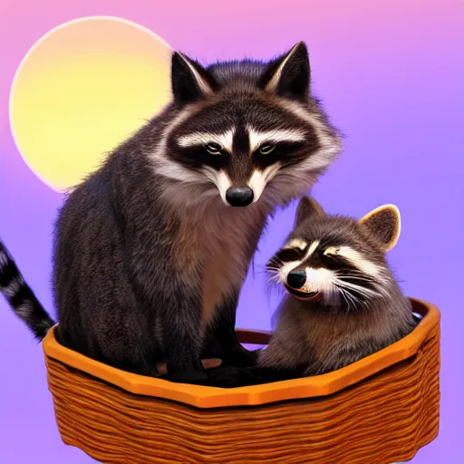 Image similar to a beautiful and realistic picture of a cat and a raccoon cuddling in a basket with a red sunset behind, photo realistic 4K, shot with a 35mm, very detailled, trending on Artstation