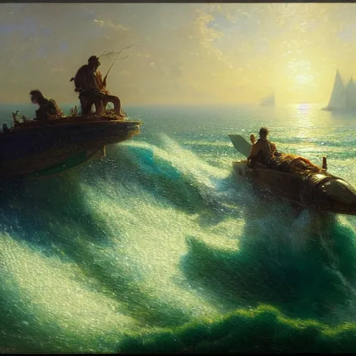 Image similar to point of view, you are deep in the ocean looking up, you see fishes, flora and fauna, higher you see the splendorous milk way illuminating the sea. highly detailed painting by gaston bussiere, greg rutkowski 8 k