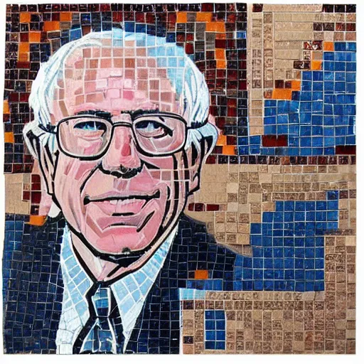 Prompt: tile mosaic mural of Bernie Sanders, intricate detailing, mostly triangular and geometric, beautiful high quality art,