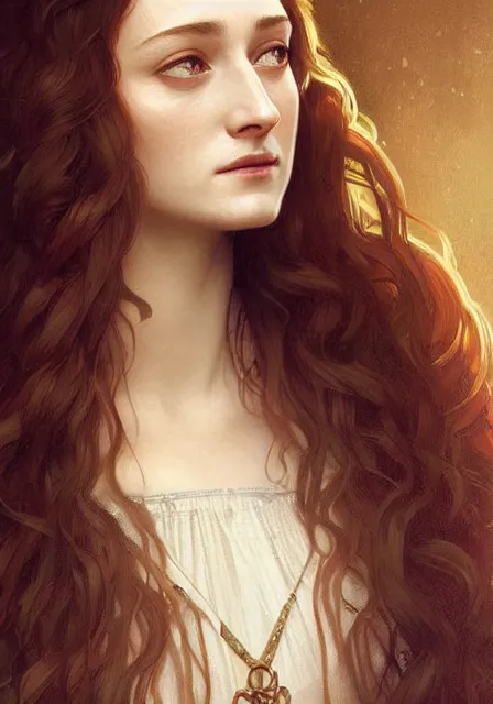 Image similar to portrait of sansa stark with long hair, intricate, elegant, highly detailed, digital painting, artstation, concept art, smooth, sharp focus, illustration, art by artgerm and greg rutkowski and alphonse mucha and william - adolphe bouguereau