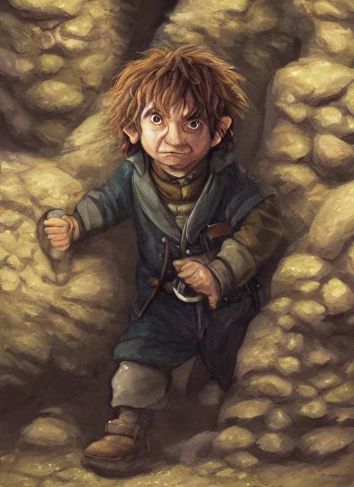 Prompt: A portrait painting of a hobbit rogue sneaking in a cavern, DAZ, hyperrealistic, ambient light, dynamic light