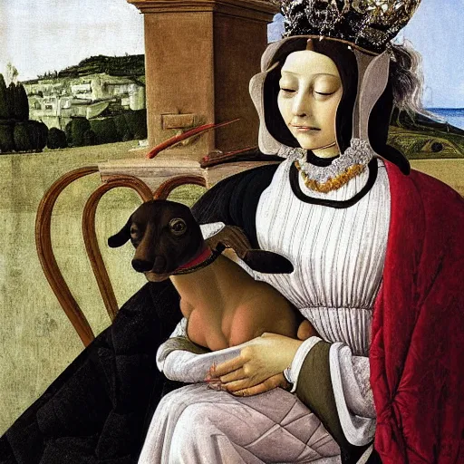 Image similar to portrait of an italian greyhound as an italian queen, holding a small person in her lap, painting by sandro botticelli