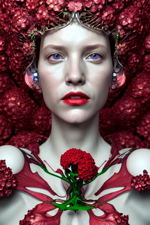 Image similar to complex 3 d render hyper detailed ultrasharp biomechanical female cyborg portrait with a beautiful porcelain profile face, mandelbrot fractal, elegant crown with huge white hydrangea flowers foliage leaves stems roots, red lips, alexander mcqueen haute couture, art nouveau fashion, octane render, 8 k