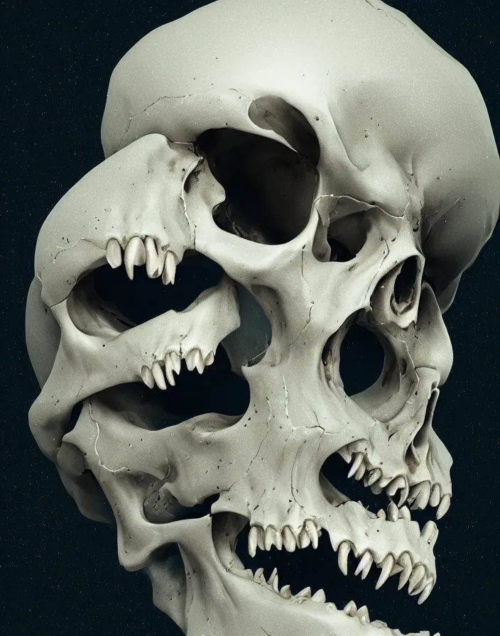 Image similar to portrait of a melting skull. intricate abstract. sharp teeth. delicate artwork. by Tooth Wu, wlop, beeple, dan mumford. octane render, trending on artstation, greg rutkowski very coherent symmetrical artwork. cinematic, hyper realism, high detail, octane render, 8k, depth of field, bokeh. chrome accents.