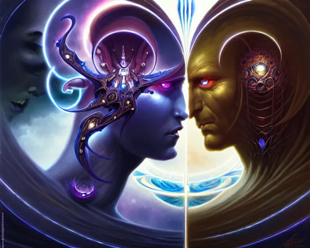 Prompt: the battle of light and dark, gemini facing each other, fantasy character portrait made of fractals, ultra realistic, wide angle, intricate details, the fifth element artifacts, highly detailed by peter mohrbacher, hajime sorayama, wayne barlowe, boris vallejo, aaron horkey, gaston bussiere, craig mullins