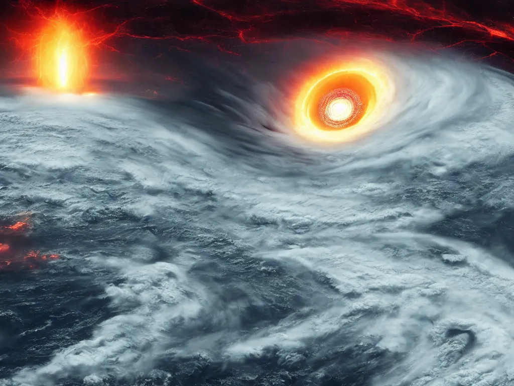 Image similar to the eye of sauron in the middle of a hurricane seen from space, digital painting, trending on artstation, deviantart, 8k, epic composition, intrinsic details, perfect coherence