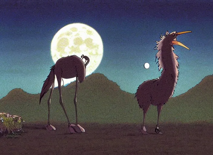 Image similar to a still from a studio ghibli movie of a cartoon ostrich from princess mononoke ( 1 9 9 7 ), in front of a pale full moon, full body, wide shot, very dull muted colors, studio ghibli, highly detailed, deviantart, art by artgem