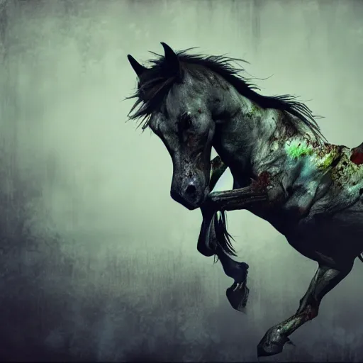 Image similar to wispy ink horror, neochrome colors, zombie horse, realistic render, photo pic by matte painting