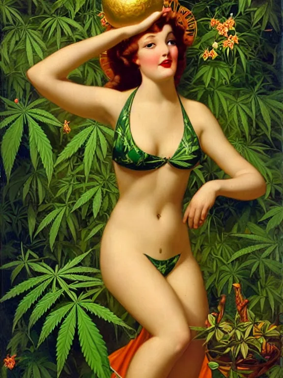 Image similar to The goddess Mary Jane in a bikini made of marijuana, a beautiful art nouveau portrait by Gil elvgren, lush jungle environment, centered composition, defined features, golden ratio, golden jewelry