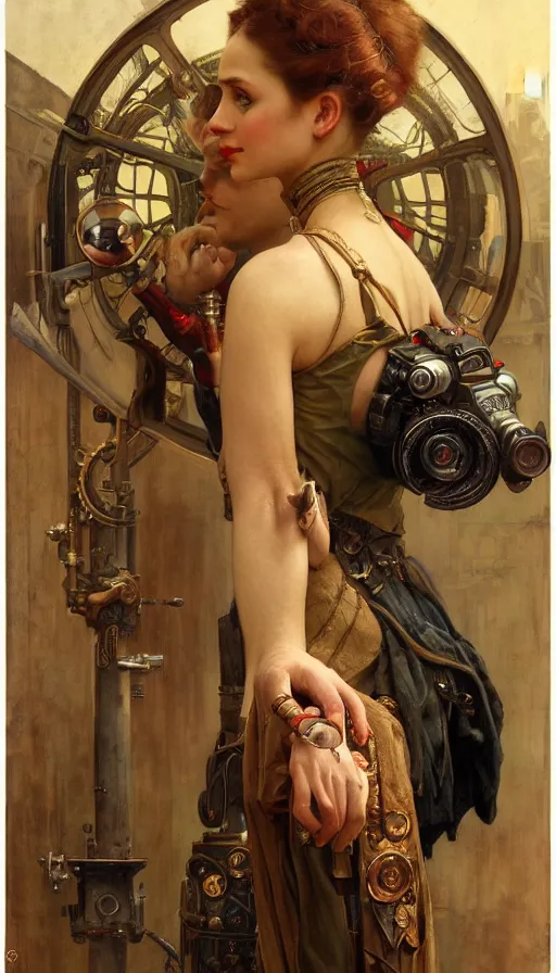 Image similar to hyper realistic photographer looking through camera towards viewer, magical, steampunk, painted by james gurney, norman rockwell, tom bagshaw, mucha, gaston bussiere, craig mullins, j. c. leyendecker 8 k