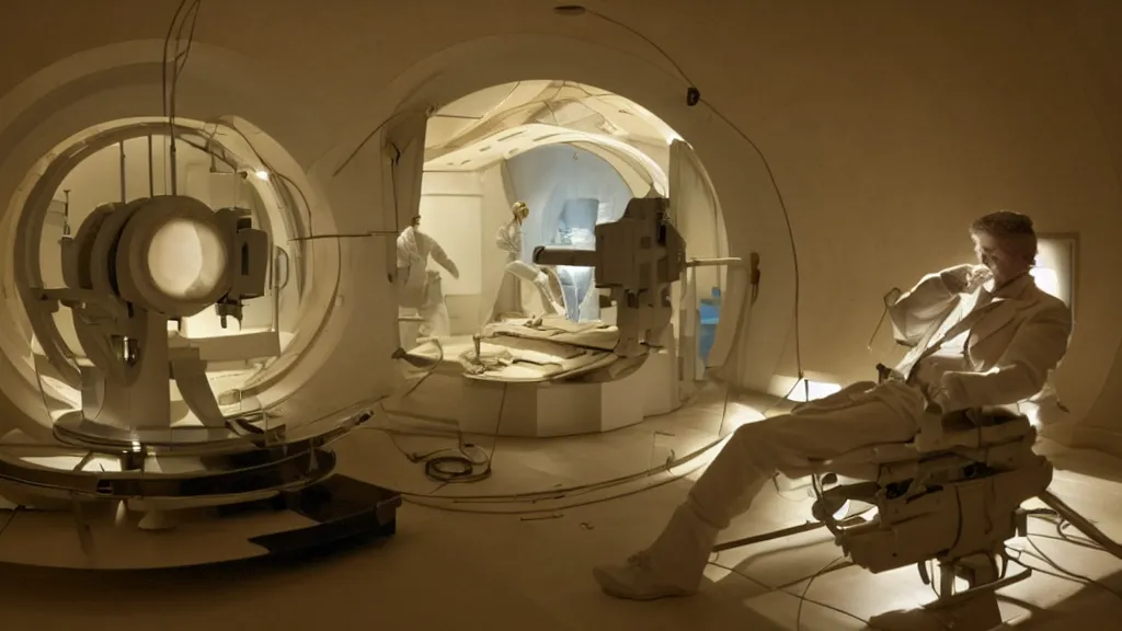 Image similar to an mri section of james cavell in the living room, film still from the movie directed by denis villeneuve with art direction by salvador dali, wide lens