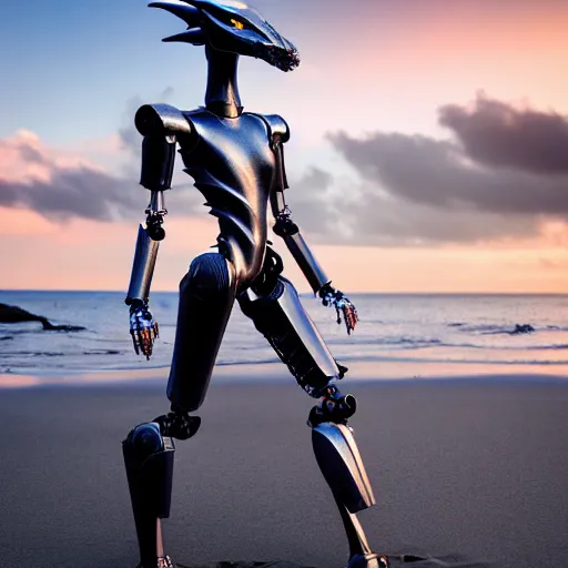 Prompt: full body pose, realistic detailed stunning beautiful anthropomorphic robot female dragoness, doing an elegant pose with hand on hip, looking to the side, sleek streamlined armor and design, sharp claws, sleek head, long tail, standing on two legs, wearing a fabric cloak that blows in the wind from behind, on the beach during sunset, high quality, cinematic art, sunset lighting, artstation, deviantart, furaffinity