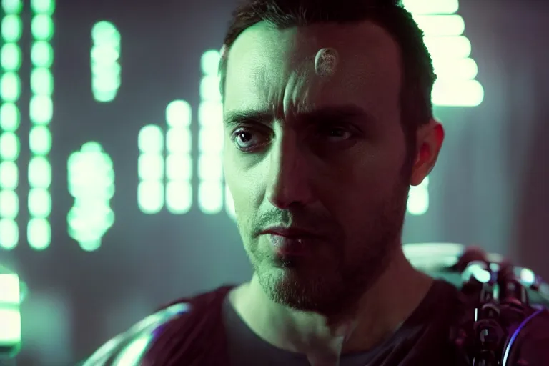 Prompt: VFX movie of a futuristic hacker closeup portrait in high tech compound, beautiful natural skin neon lighting by Emmanuel Lubezki