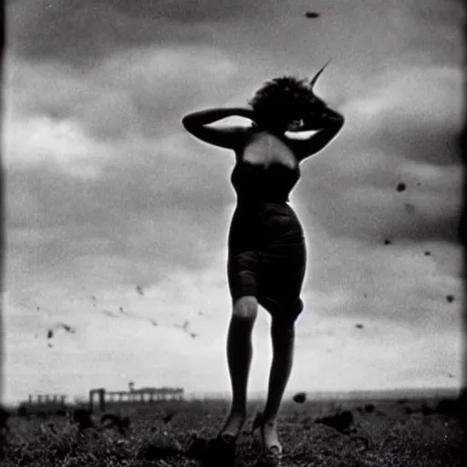 Image similar to art deco by hein gorny turbulent. a body art of a woman standing in a field of ashes, her dress billowing in the wind. her hair is wild & her eyes are closed, in a trance - like state. dark & atmospheric, ashes seem to be alive, swirling around.