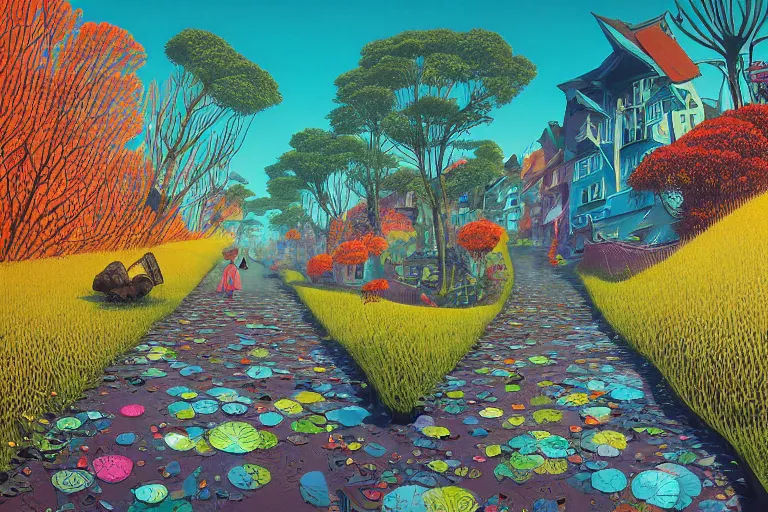 Image similar to surreal glimpse into other universe, jalan - jalan cari makan, summer morning, very coherent and colorful high contrast, art by!!!! gediminas pranckevicius!!!!, geof darrow, floralpunk screen printing woodblock, dark shadows, hard lighting, stipple brush technique,