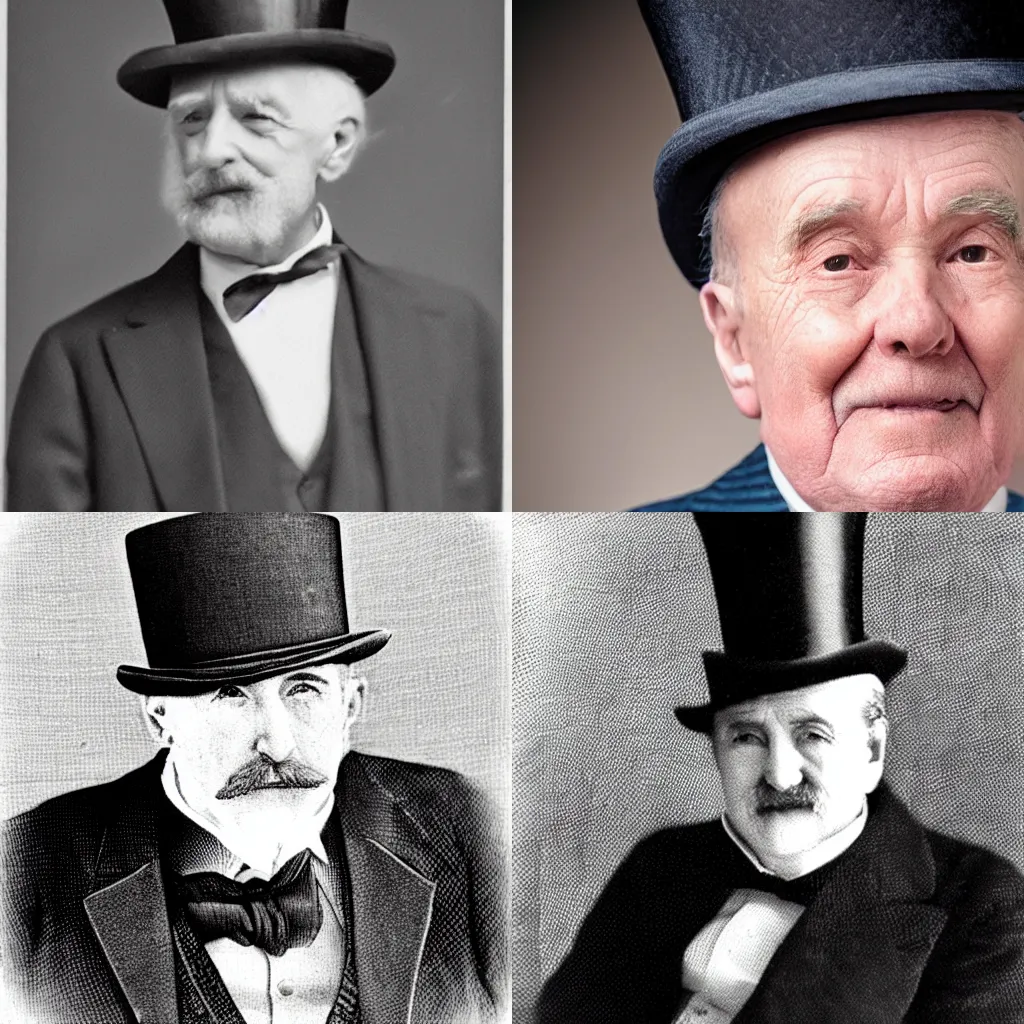 Prompt: an old man wearing a suit and top hat