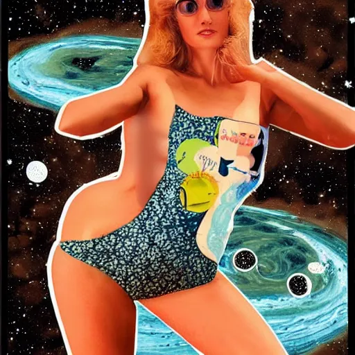 Prompt: vintage inspired, mixed media collage of a swimsuit model in space, full body, trending on art station, highly detailed, excellent composition