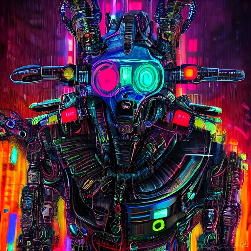 Prompt: cyberpunk demon alien robot, cyberpunk, dark cyberpunk illustration, lots of detail, colorful, vibrant, impressionism, ominous, maximalist, abomination, extremely detailed, lots of wires, close - up, 8 k, realistic
