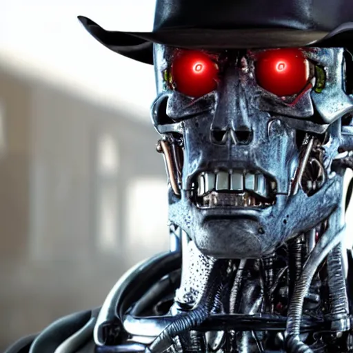 Image similar to a terminator android dressed as a cowboy, 8 k, movie still, high detail