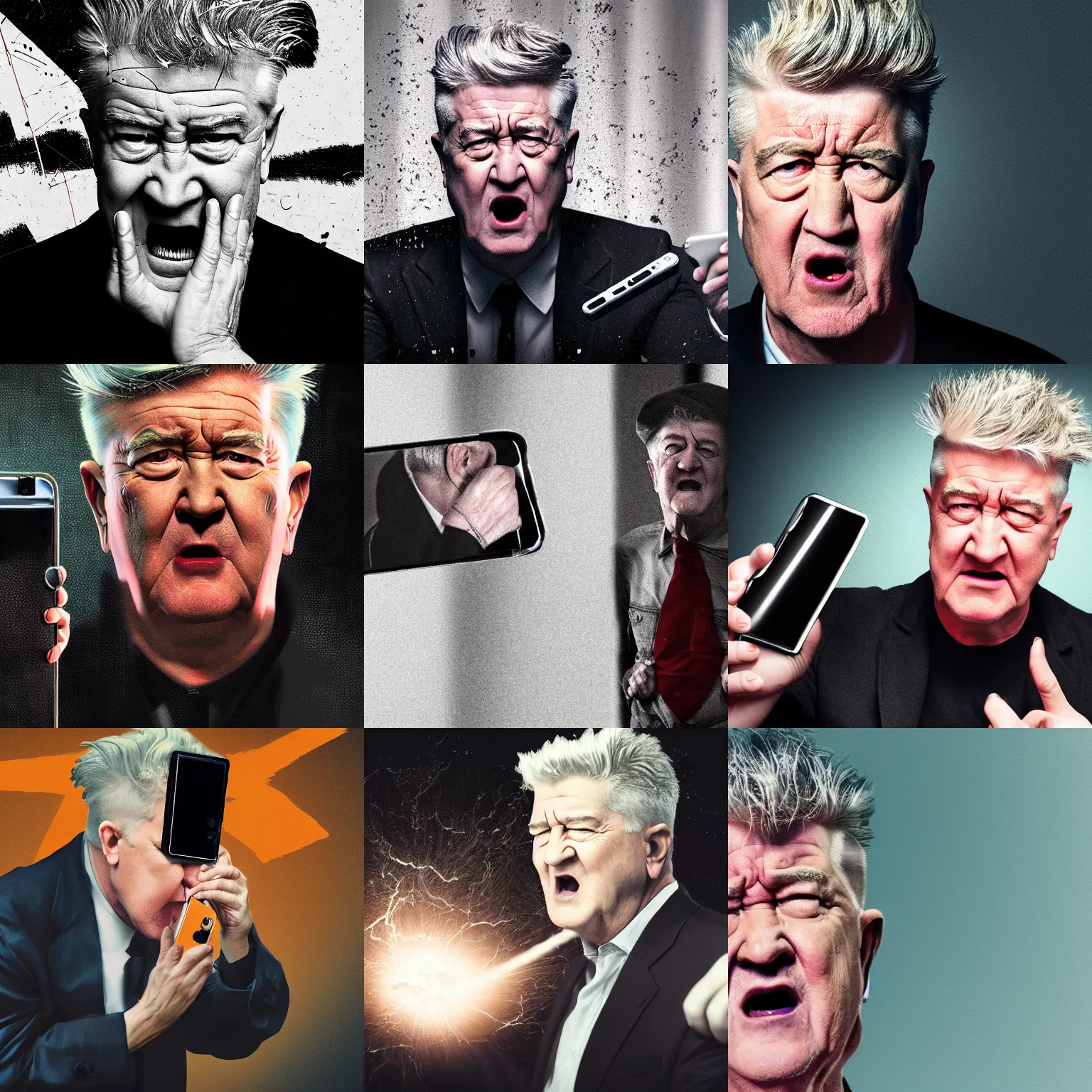 Prompt: angry david lynch destroying a smartphone, high detail cinematic, hyper realism, 8 k