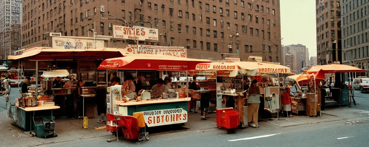 Prompt: medium shot, spaghetti food stand in downtown nyc, kodachrome, in the style of wes anderson, retro