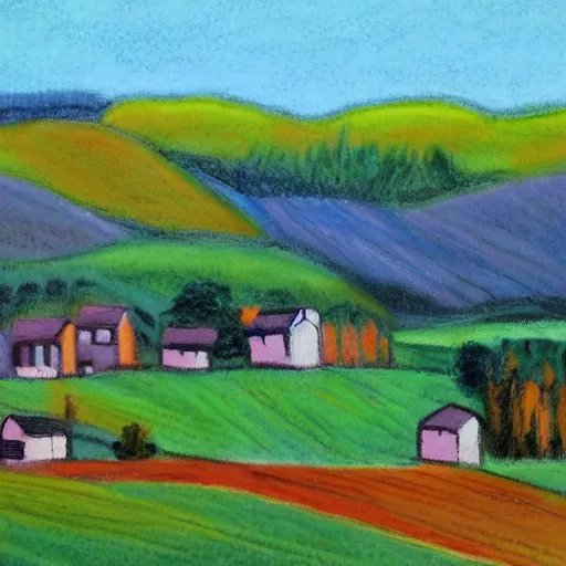 Image similar to new england houses among hills and fields, light pastel style painting