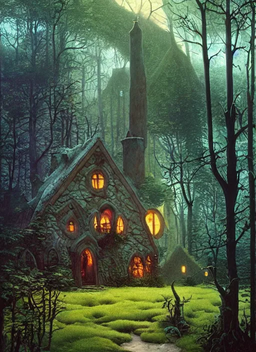 Image similar to hyper realistic witch cottage with mood lighting and technology in the woods gorgeous lighting, sunbeams blue sky, highly detailed, lush forest foliage painting by zdzisław beksinski and norman rockwell and greg rutkowski weta studio, and lucasfilm