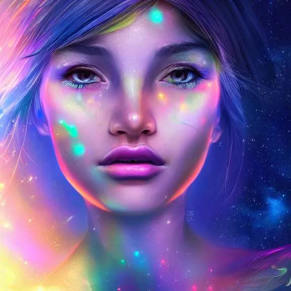 Image similar to highly detailed close up portrait of a celestial girl with a body made of cosmic energy, space background, character art, studio lightning, bright colors, intricate, masterpiece, photorealistic, hiperrealistic, sharp focus, high contrast, Artstation HQ, DeviantArt trending, 4k UHD, Unreal Engine 5