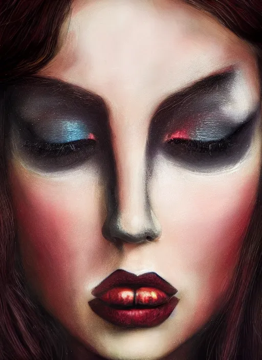 Prompt: hyper realistic, portrait, close - up, make up, dark witch, painting by tom bagshae, smooth, sharp focus